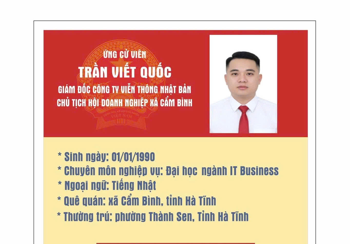 Tóm tắt tiểu sử Ông Trần Viết Quốc – Giám đốc Công ty Viễn thông Nhật Bản, Chủ tịch Hội Doanh nghiệp xã Cẩm Bình.
