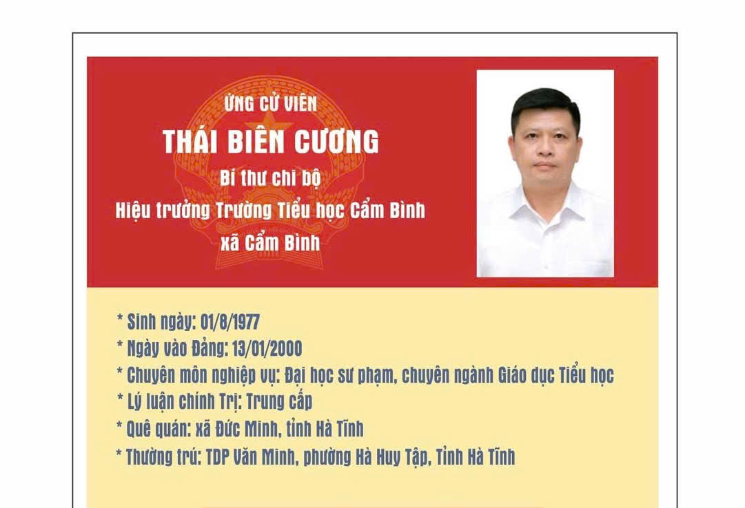 Tóm tắt tiểu sử Ông Thái Biên Cương – Bí thư chi bộ, Hiệu trưởng Trường Tiểu học Cẩm Bình.