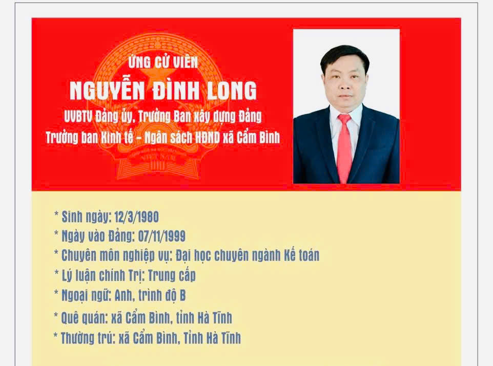 Tóm tắt tiểu sử ông Nguyễn Đình Long – Ủy viên Ban thường vụ, Trưởng Ban xây dựng Đảng, Trưởng Ban Kinh tế - Ngân sách HĐND xã Cẩm Bình.