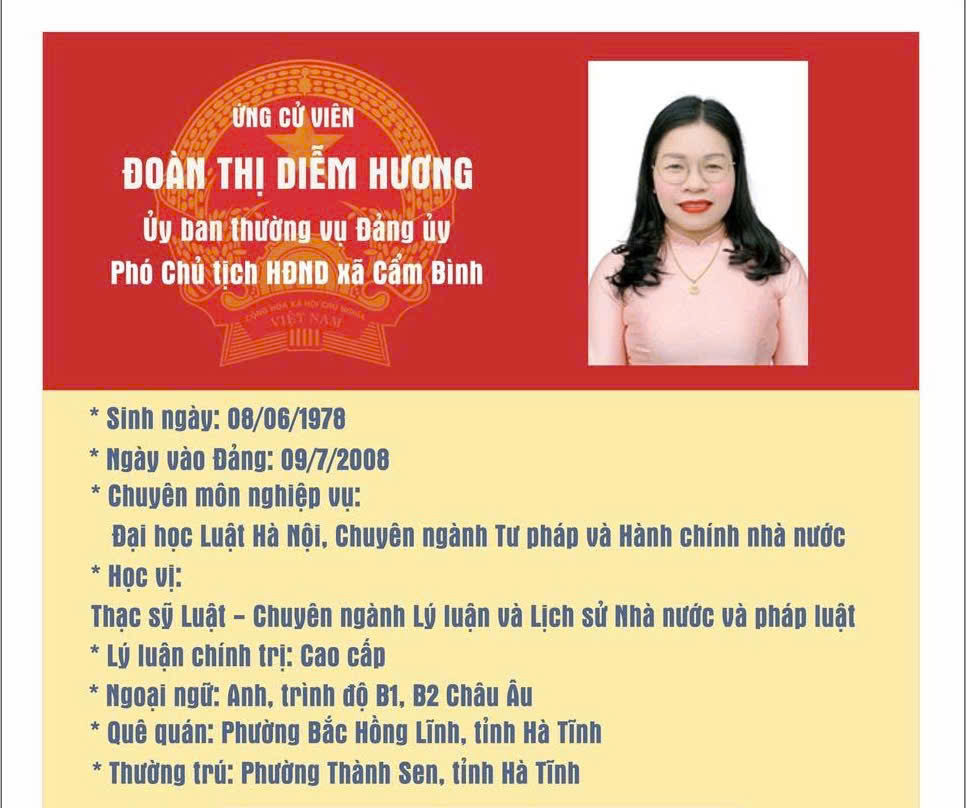 Tóm tắt tiểu sử Bà Đoàn Thị Diễm Hương – Ủy viên Ban thường vụ, Phó Chủ tịch Hội đồng nhân dân xã Cẩm Bình.