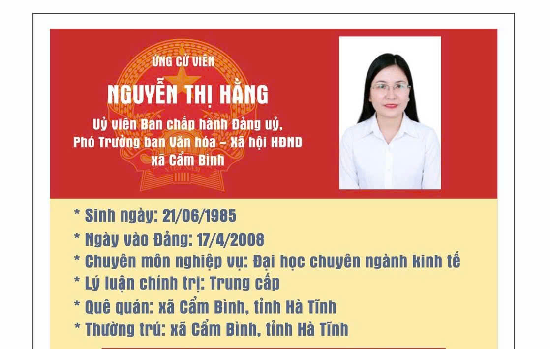 Tóm tắt tiểu sử Bà Nguyễn Thị Hằng - Uỷ viên Ban chấp hành Đảng uỷ, Phó Trưởng ban Văn hóa - Xã hội HĐND xã Cẩm Bình.