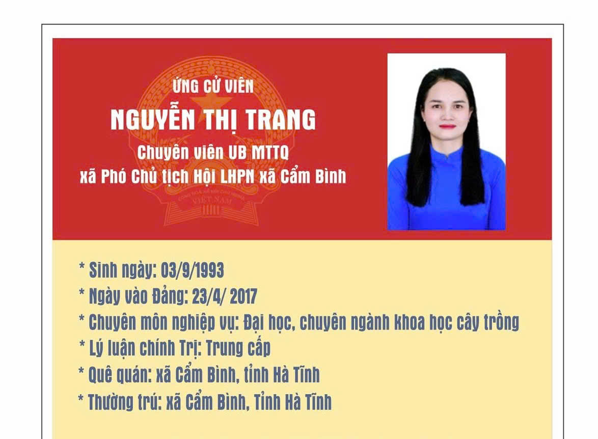 Tóm tắt tiểu sử Bà Nguyễn Thị Trang - Chuyên viên UBMTTQ xã - phó chủ tịch Hội LHPN xã Cẩm Bình. 