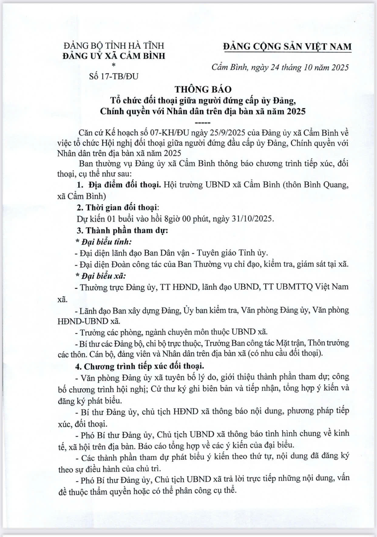 Thông báo tổ chức đối thoại giữa người đứng đầu cấp ủy Đảng, Chính quyền với nhân dân trên địa bàn xã năm 2025