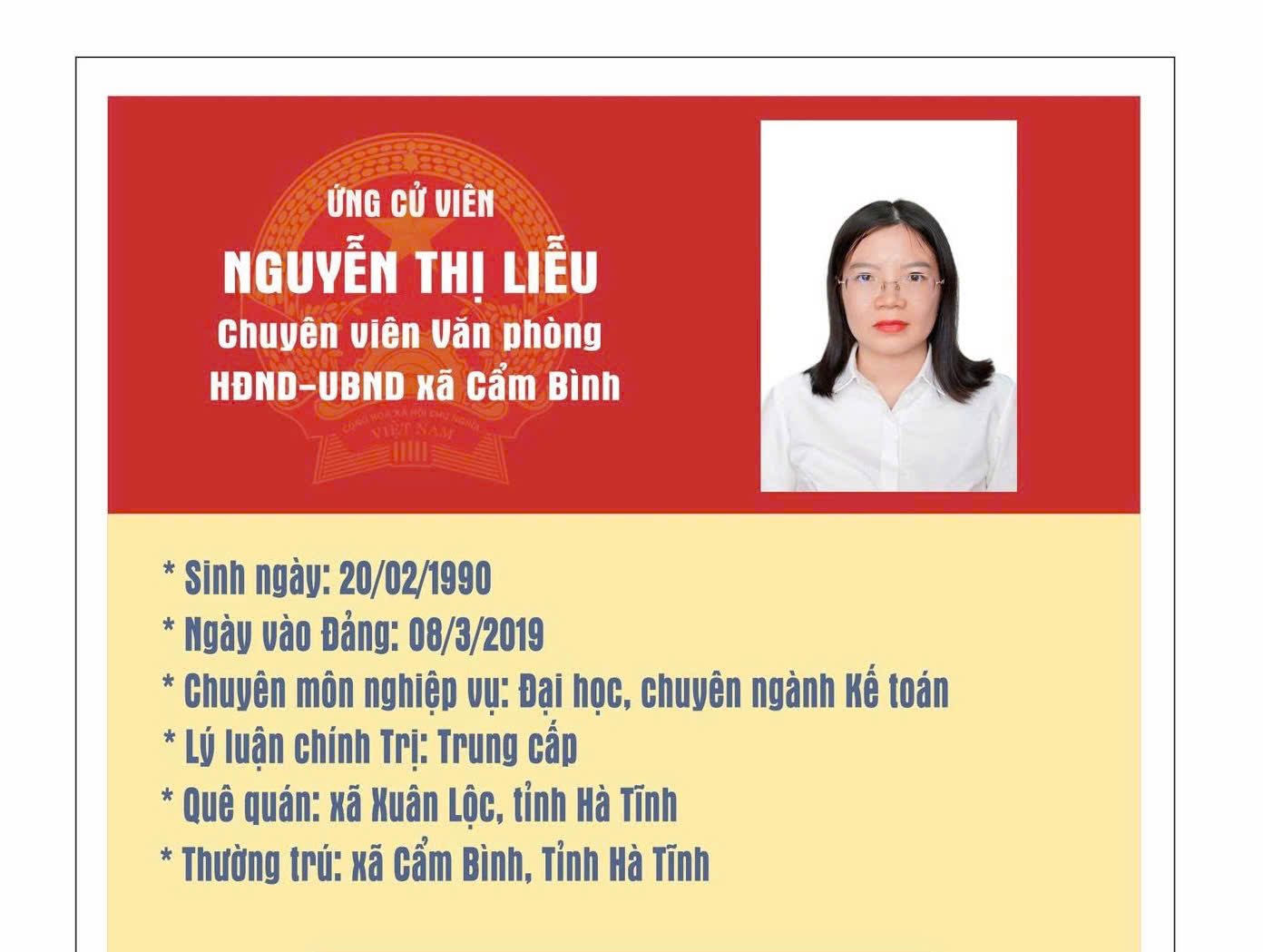 Tóm tắt tiểu sử Bà Nguyễn Thị Liễu - Chuyên viên Văn phòng HĐND-UBND xã Cẩm Bình. 