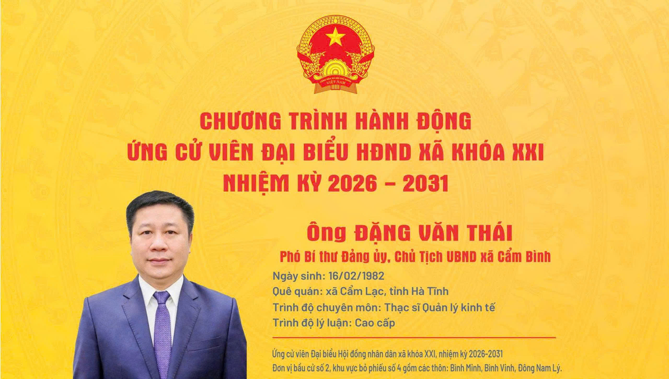 Chương trình hành động của ứng cử viên Đại biểu HĐND xã khóa XXI Ông Đặng Văn Thái – Phó Bí thư Đảng ủy, Chủ tịch Ủy ban nhân dân xã.