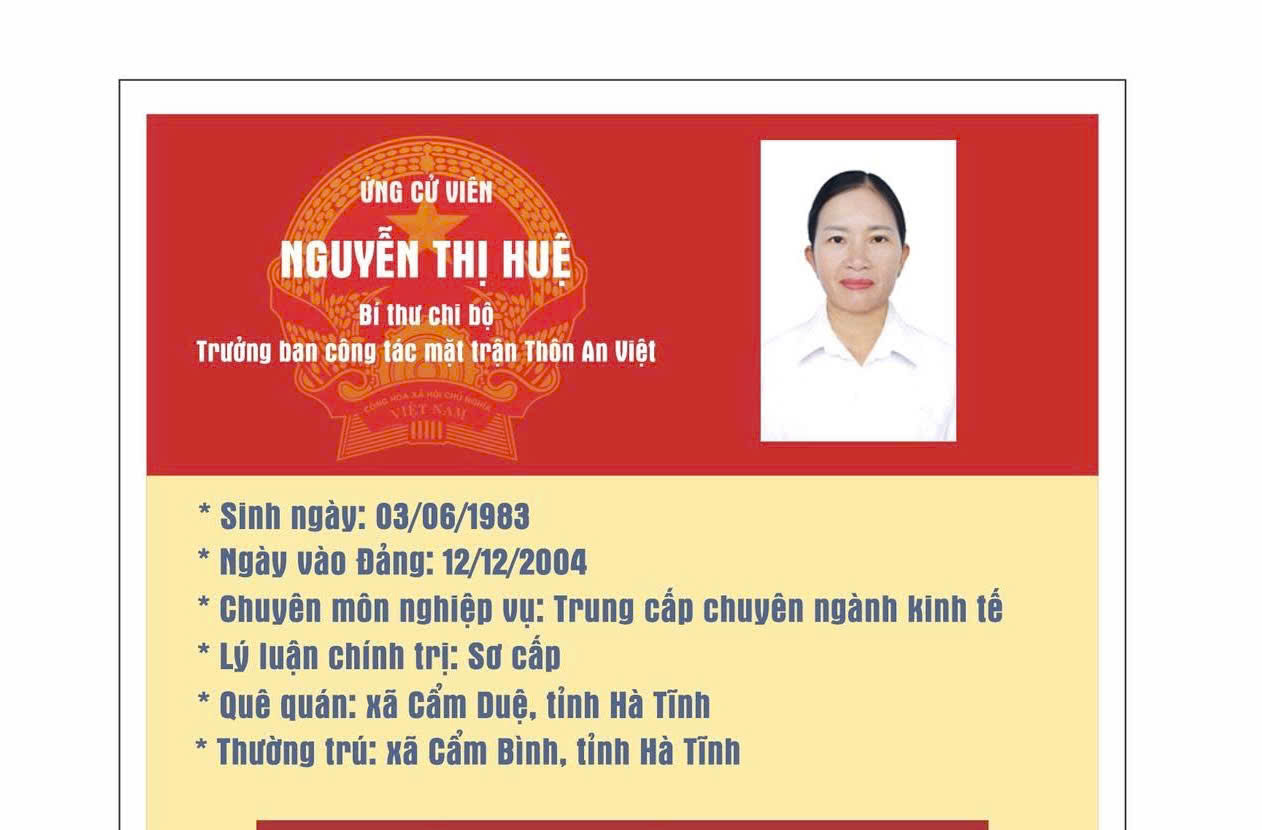 Tóm tắt tiểu sử Bà Nguyễn Thị Huệ – Bí thư chi bộ, Trưởng ban công tác mặt trận Thôn An Việt xã Cẩm Bình.