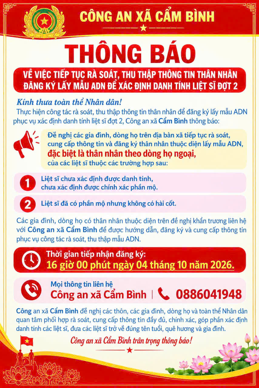 Xã Cẩm Bình Thông báo về việc lấy mẫu ADN đợt 2 xác định danh tính Liệt sĩ