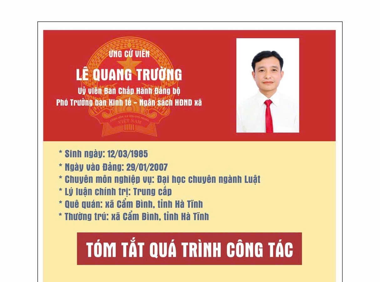 Tóm tắt tiểu sử Ông Lê Quang Trường – Uỷ viên Ban chấp hành Đảng uỷ, Phó trưởng ban Kinh tế - Ngân sách HĐND xã Cẩm Bình. 