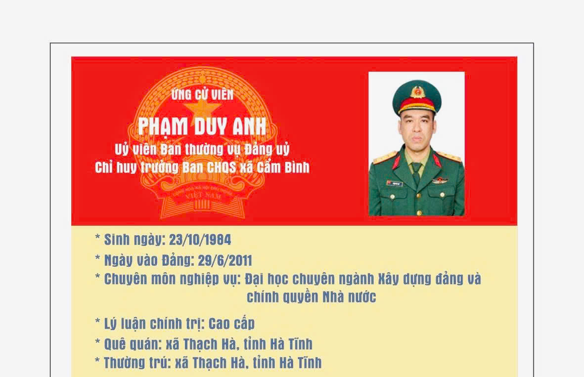 Tóm tắt tiểu sử Ông Phạm Duy Anh – Uỷ viên Ban thường vụ Đảng uỷ - Chỉ huy trưởng Ban CHQS xã Cẩm Bình. 