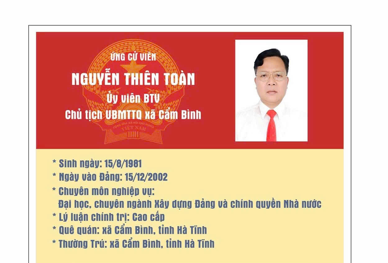 Tóm tắt tiểu sử Ông Nguyễn Thiên Toàn – Uỷ viên Ban thường vụ Đảng uỷ - Chủ tịch UBMTTQ xã Cẩm Bình. 